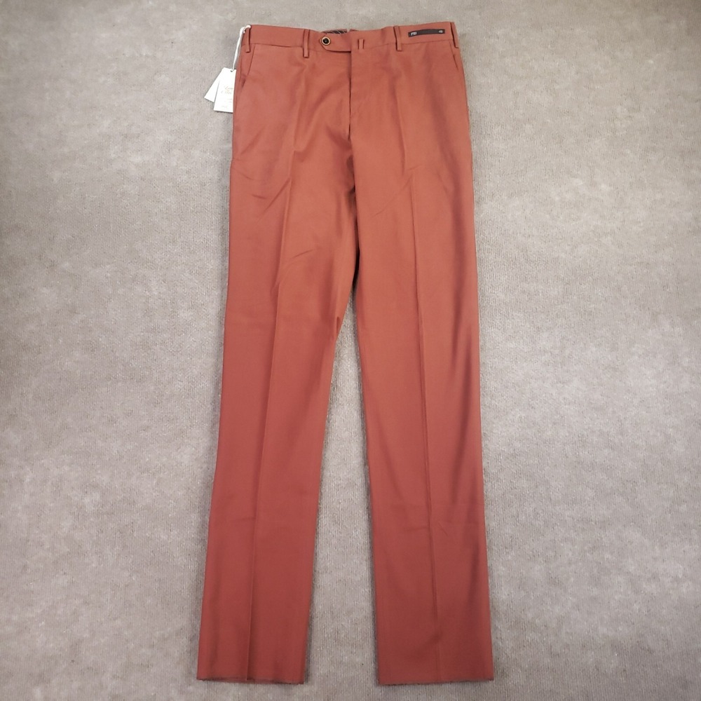 PT01 Pants Slacks Mens Size 34x Unhemmed Burnt Orange Slim‎ Fit Flat Front